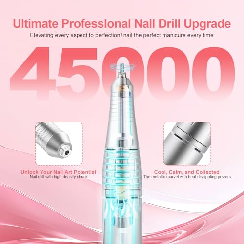 Electric 45000RPM Nail Drill Machine Rechargeable Portable Nail File Electric DIY Nail Drill Kit with Smart LCD Screen for Gel Nail Manicure and Pedicure Reflective Body etc (Grey)