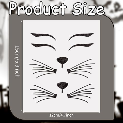 Halloween Cat Face Stickers Glitter Cat Face Tattoos Sticker Self-Adhesive Cat Whisker Eyes Body Temporary Tattoos for Women Girls Halloween Costume Accessories