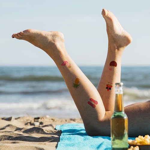 10 Sheets Hawaiian Temporary Tattoos Summer Topic Flamingo Temporary Tattoo Sticker Watch Coconut Tree Tattoo for Men Women Summer Holiday Sea Beach Party Favor Makeup Costume Supplies