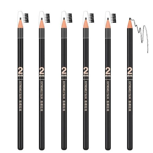 6pcs 2mm Ultra-Thin Eyebrow Pencil with Brush Waterproof Long-Lasting Slim Eyebrow Pencil Peel off Microblading Mapping Pencils (#01 Black)