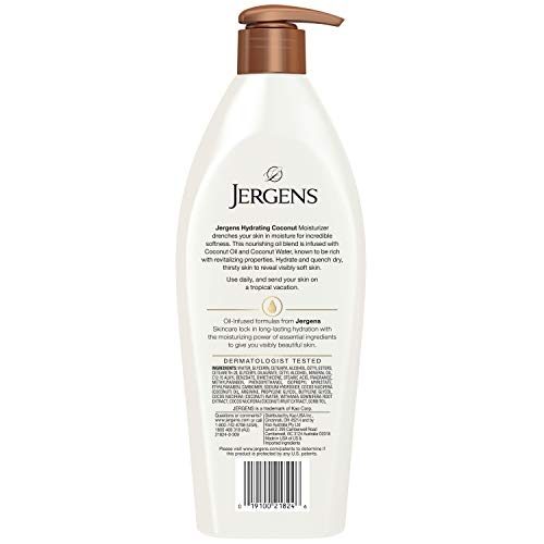 Jergens Hydrating Coconut Body Lotion,Hand and Body Moisturizer,Infused with Coconut Oil,Hydrates Dry Skin Instantly,Dermatologist Tested,16.8 oz,(Pack of 2)