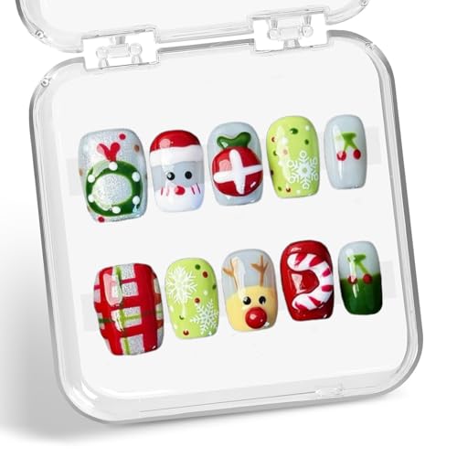 Handmade Christmas Press on Nails Thick Short Square False Nails with Xmas Reindeer Santa Claus Candy Cane Designs Muti-Layer Gel False Nails Full Cover Glitter Acrylic Nails for Women (Size S)