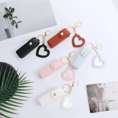 5 PACK Lipstick Holder Keychain with Mirror, PU Leather Portable Lipsticks Holder Soft Leather Portable Lipstick Pouch with Metal Key Ring for Travel Party Gift Valentine's Day for Women