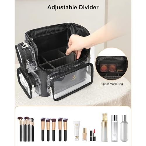 TANTO Makeup Brush Bag, Makeup Artist Bag Professional Cosmetic Bag Clear Makeup Bag Large Makeup Train Case Portable Storage Organizer Bag with Adjustable Divide&Shoulder Strap