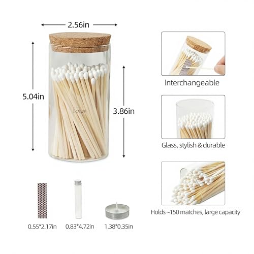 Colored Safety Matches | 4-Inch Long Matches in Glass Jar | Perfect for Lighting Candles | 150 PIECES | 10 CANDLES AND EXTRA EMPTY JAR GIFT (WH?TE)