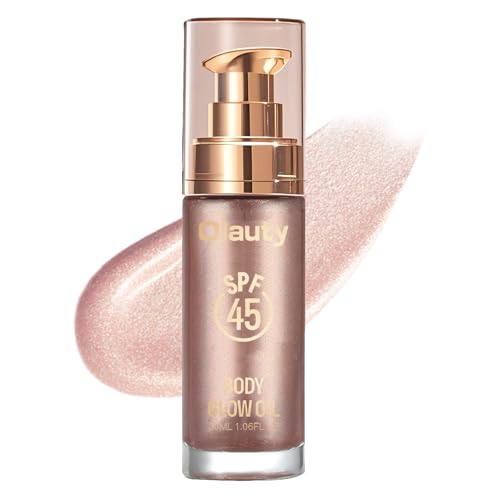 Body Shimmer Oil, SPF 45 Broad Spectrum, Sunscreen Shimmer Body Glow Oil with Coconut Oils, Glitter Sunscreen for Body & Face, Body Luminizer Face Highlighters & Luminizers Makeup(Rose Gold, 30ML)