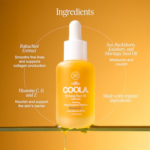 COOLA Firming Face Oil, SPF 30, Organic Lightweight Hydrating Sunscreen Oil with Bakuchiol, Vitamins C, D, E, Sea Buckthorn & Moringa Oils, Firms & Smooths Skin, 1.1 Oz