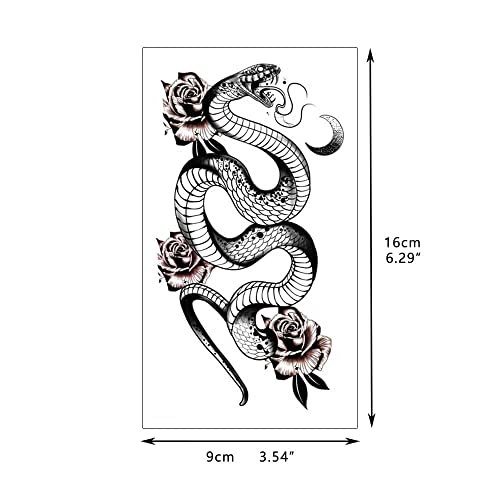 Glaryyears Snake Tattoos for Adults Women Men, 15-Pack Large Realistic Fake Tattoos, Serpent Swords Rose Temporary Tattoo Stickers, Scary on Half Arm Body Tribal