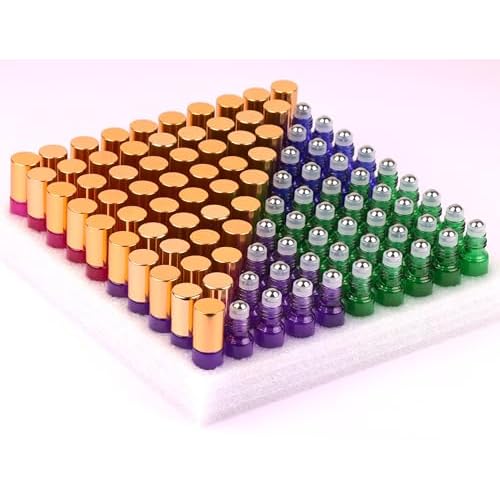 MaxMau Pack of 100,5ml Colored Roller Bottles for Essential Oils Perfume Refillable Glass Bottle Stainless Steel Roll On Ball Metal Cap Daily Aromatherapy