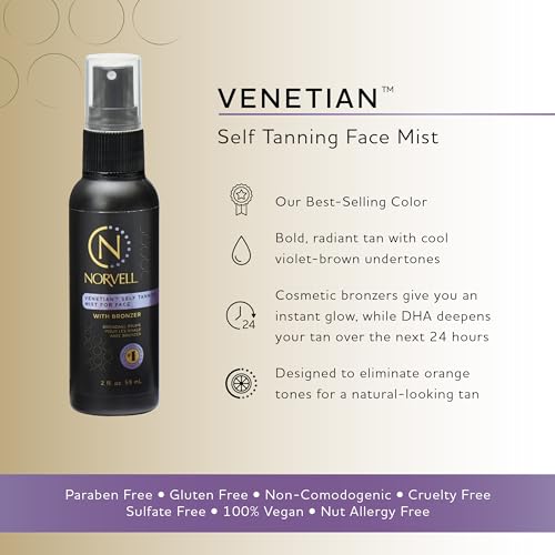 Norvell Venetian Sunless Self Tanner Mist for Face 2 fl oz ? Non Comedogenic Facial Bronzing Self Tanning Spray for Natural Fake Tan Sun Kissed Glow, Streak Free, Long Lasting Color