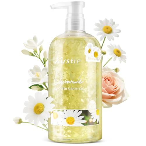 Kustie Chamomile Petal Body Wash with 972 Real Petals Floating in Clear Gel ? Calendula & Amino Acids ? Vegan, Sulfate-Free, Soothes & Moisturizes Sensitive Skin ? 24H Floral Scent, 24.3 fl oz