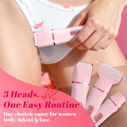 3-in-1 Bikini Trimmer for Women ? Electric Razor & Body Hair Trimmer with Charging Dock, USB-A to C7 Cable, IPX7 Waterproof, 1-Month Cordless, Battery% Display, Anti-Slip Grip ? X4 Blush Pink