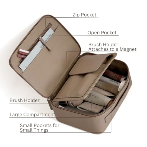MELINE Leather Makeup Bag with Brush Holder,Travel Cosmetic Case for Women,Large Capacity Waterproof Toiletry Bag with Handle,Stylish and Durable Makeup Organizer (Taupe)