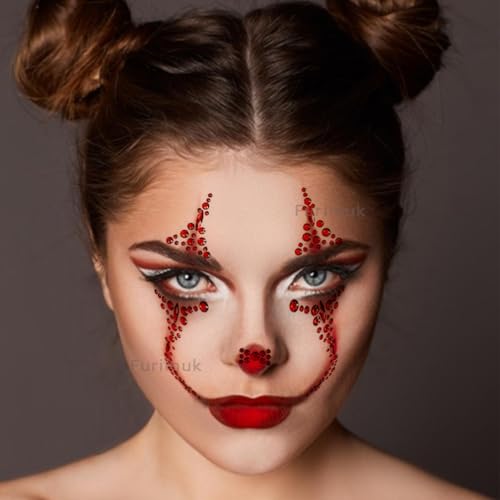 2 Pack Red Face Gems Jewels Tattoos for Halloween,Day of the Dead Skull Rhinestone Temporary Face Tattoo Stickers for Women Men Cosplay Makeup Outfit