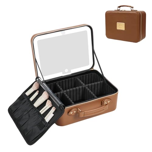Prite Makeup Bag With LED Mirror 3 Light Modes Adjustable Brightness, Travel Cosmetic Train Case with Adjustable Dividers & Brush Holder, Portable Makeup Artist Organizer Bag for Women(Brown)