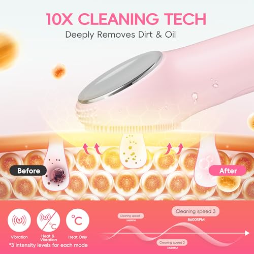 Facial Cleansing Brush, 2 in 1 Rechargeable Silicone Face Scrubber with Heat Massage Head, Electric Vibrating Exfoliating and Massaging, Waterproof Face Cleanser for Women and Men (Pink)