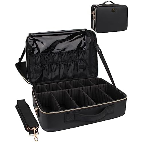 MONSTINA Large Makeup Travel Case Bag,Professional Makeup Artist Train Case with Brush organizer,Large Capacity Cosmetic Bag with Zipper Pocket and Adjustable Compartment£¨PU Leather Black£©
