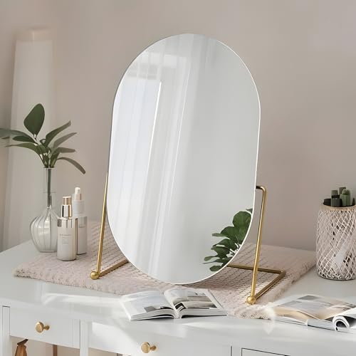 Desk Vanity Mirror with Stand Tabletop Makeup Table Mirrosr Portable Gold Make Up Mirror for Bedroom Golden Metal Framed Folding Bathroom Shaving Cosmetic Mirror