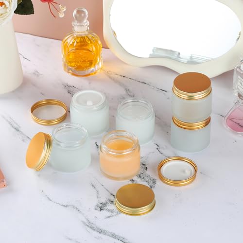 24 pack Small Clear Frosted Glass Cosmetic jars with Golden Metal Lids 2oz Bulk for Sample Lotion Cream Travel Jar Cosmetic Container