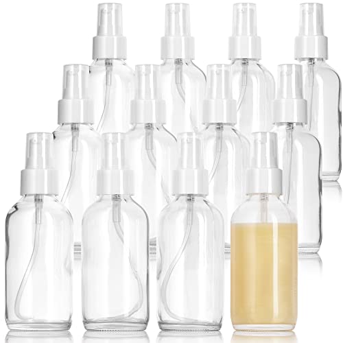 JUVITUS 4 oz / 120 ml Clear Glass Boston Round Bottle with White Treatment Pump BPA Free Refillable Empty Storage Containers (12 Pack)