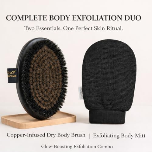 New Launch Copper Dry Brushing Body Brush with Exfoliating Gloves | Ion Charged Copper Bristles for Flawless Skin | Lymphatic Drainage and Blood Circulation Improvement with Korean exfoliating mitt