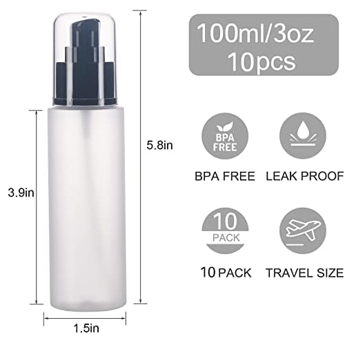 SOOKDEO Mini Dispenser Portable Free Refillable Bottle with Pump & Lid for Travel Shampoo Conditioner Shower Soap Work Hand Dish Soap Lotion Makeup Essential Oil, 10 Pack, 3oz, 100ml (Cream White)