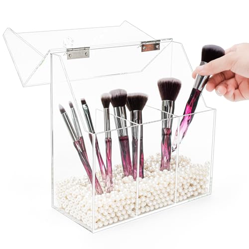 Okllen Makeup Brush Holder with Dustproof Lid, White Pearls, Acrylic Clear Makeup Brush Organizer with 3 Compartment, Large Cosmetic Brush Storage Box Case for Vanity, Bathroom, Bedroom