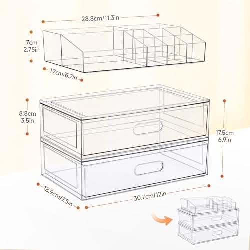 Clear Stackable Makeup Organizer with Drawer, 12''W Acrylic Storage Drawers, Cosmetic Display Case for Vanity Bathroom Countertop, Beauty Holder for Lipstick Brush Skincare Perfume (5 Pack)