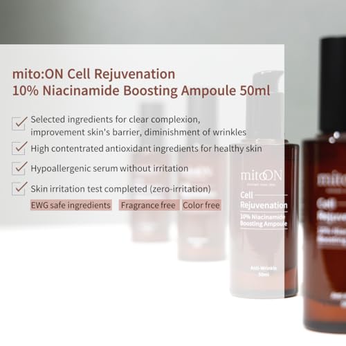 Mito-on Cell Rejuvenation Anti-Aging Serum, 50ml / 1.69 fl.oz ?10% Niacinamide, Vitamin B3 and Antioxidants, Centella + EGF for Anti-Aging, Wrinkle Reduction, Pore minimization, Korean Skin Care