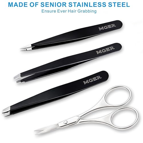 MGER Tweezers Set - Professional Stainless Steel Tweezers for Eyebrows - Great Precision for Facial Hair, Splinter and Ingrown Hair Removal (Black)