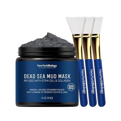 New York Biology Dead Sea Mud Mask for Face and Body Infused with Stem Cell and Collagen with 3 pcs Face Mask Brush Applicators - Spa Quality Pore Reducer for Acne, Blackheads and Oily Skin