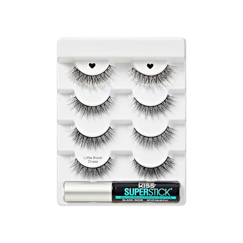 KISS Holiday Lash Couture Faux Mink False Eyelashes, ¡®'Little Black Dress', 12mm, Cruelty-Free, 3 Pairs + 1 Pair with Glitter, KISS SuperStick Strip Lash Adhesive, Black, Net Wt. 4.8g (0.17 oz.)