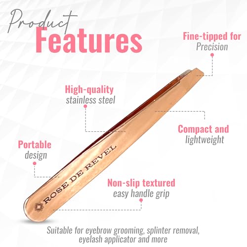 "Rose DE REVEL Stainless Steel Precision Tweezers - Professional Eyebrow Hair Removal Tool for Facial and Ingrown Hairs - Compact and Rust-Resistant (Small)"