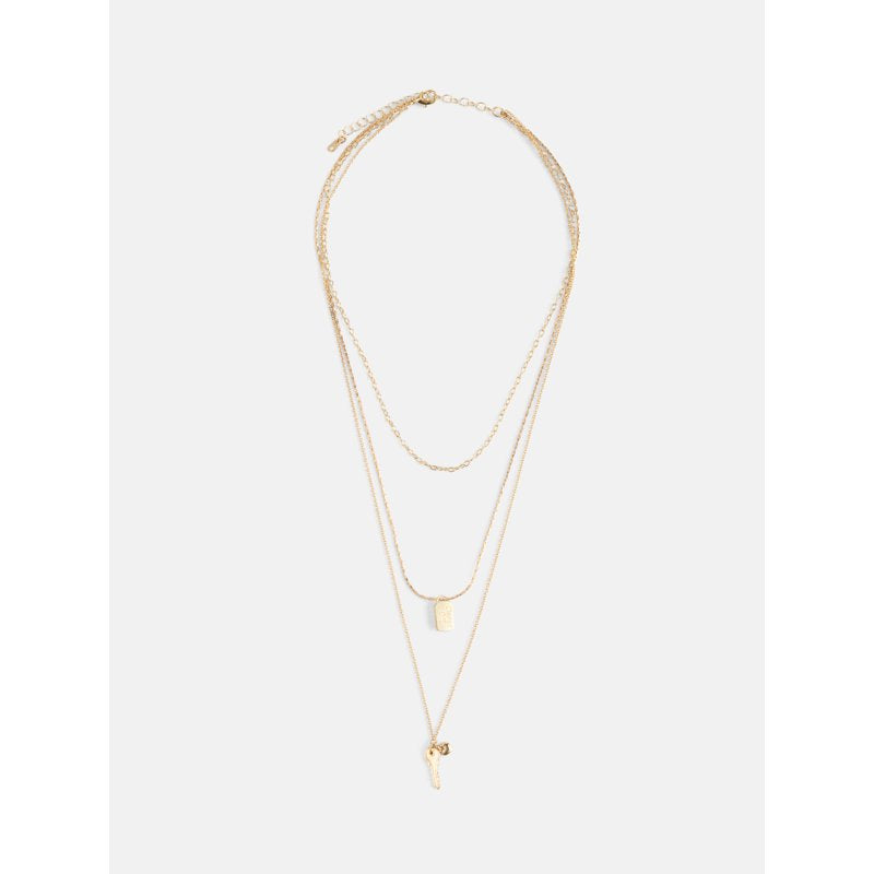 Gold-Tone Layered Necklace with Key, Heart & Reversible Tag Charms for Women
