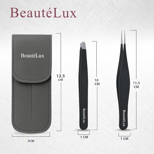 Precision Tweezer Set ? Slant & Pointed Tip Stainless Steel Eyebrow Tweezers with Leather Pouch, Professional Hair Removal for Ingrown Hair, Chin, Splinter & Blackhead