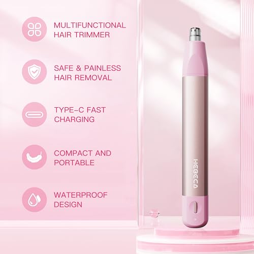 Nose Hair Trimmer for Women 3in1 Facial Hair Removal Trimmer - Metal Body, Rechargeable, Waterproof, Portable - Nose, Ear, Eyebrow, Peach-Fuzz, Lips, Chin (Pink)
