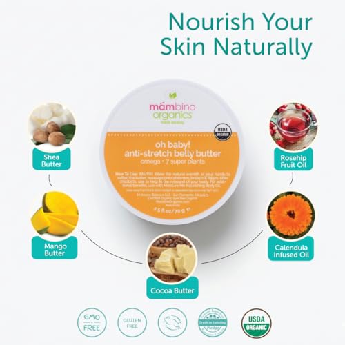 Mambino Organics Oh Baby! Belly Butter, Belly Cream with Shea Butter for Pregnancy, Minimizes Stretch Marks, Vegan, Cruelty-Free, Maternity Skin Care, 2.5 fl oz
