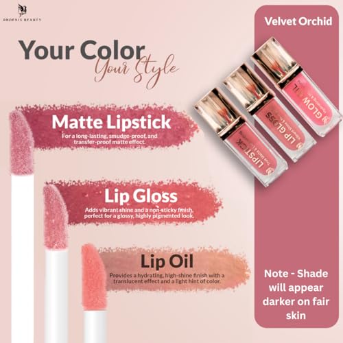 Lip Trio ? Mauve Matte Lipstick + Gloss & Lip Oil | Smudge-Resistant Lipstick + Hydrating Lip Care with Jojoba & Vit-E | Non-Toxic, Vegan Gift Set for Soft Glam (Velvet Orchid)