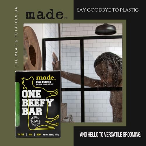 made One Beefy Bar | Rum Runner | Shampoo, Body Wash & Shaving Soap | Bay Rum & Smoked Earth Scent | Breakaway Brick Design | Moisturizing with Coconut Oil, Shea Butter & Aloe Vera | 16 oz
