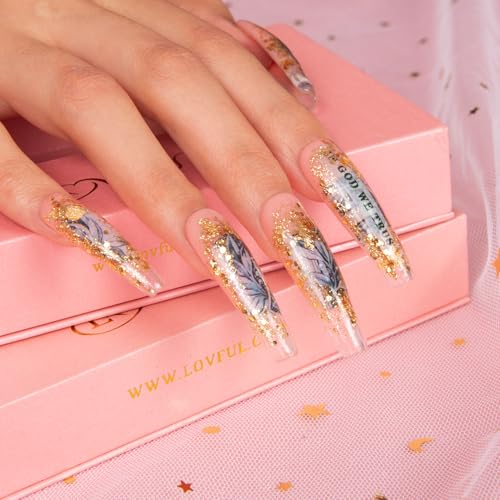 LOVFUL Press on Nails Dollar | Handmade with Full Covered Crystals | Reusable Fake Nails | Coffin Mid length 1.7 in | H98-M