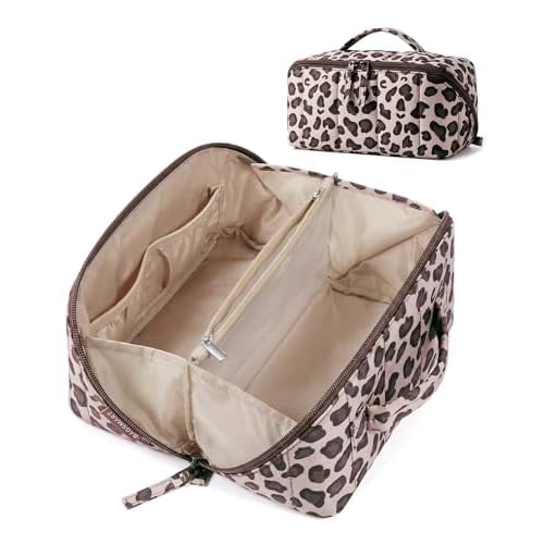 BAGSMART Travel Makeup Bag for Women, Portable Water-resistant Cosmetic Case, Puffy Padded Make Up Organizer Pouch, Open Flat Toiletry Bag for Toiletries, Brushes, Leopard