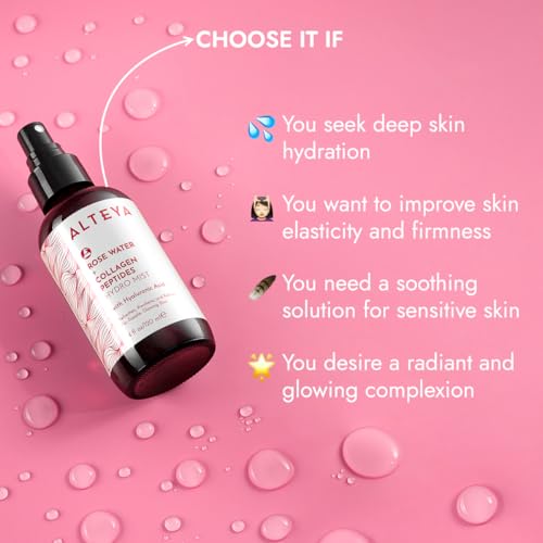 Alteya Organics Rose Water Face Toner ? With Collagen Peptides & Hyaluronic Acid ? Hydrating Facial Mist for Anti-Aging, Firming & Radiant Skin ? 4 Fl Oz / 120mL