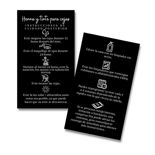 SPANISH Brow Tint & Henna Aftercare Card | Henna y Tinte Para Cejas | 50 Pack | Size 2x3.5¡± inches Business Card | Starter Lift Kit with Tint at home diy supplies | Black with White Design