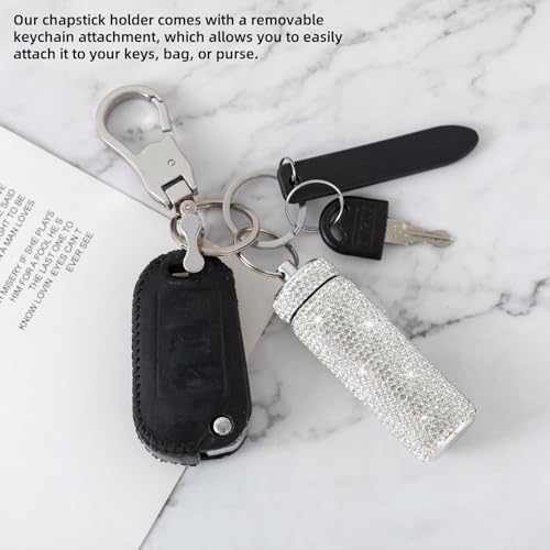 Chapstick Holder Key Chain 2Pcs Lip Balm Gloss Holder Keychain Bling Lipstick Case for Purse Portable Metal Chap Stick Organizer Cute Key Chain Accessories for Women (Sliver)