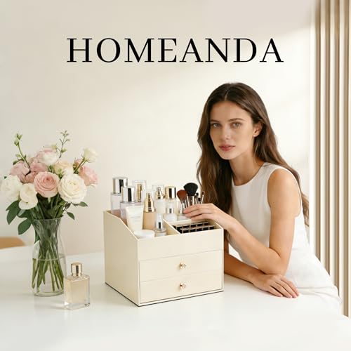 Homeanda Makeup Organizer with Drawers, PU Leather Cosmetic Storage Box Large Cosmetic Display Case for Skincare, Lipstick, Brushes, Bedroom Storage(Beige)