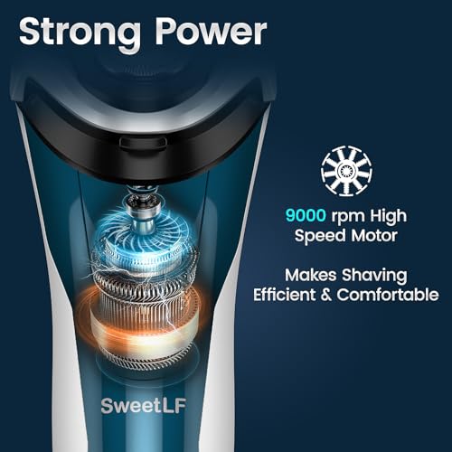 Electric Razor for Men, SweetLF 100% Waterproof Electric Shaver, USB C Rechargeable, Wet & Dry Rotary Shavers for Men with Pop-up Trimmer, Corded and Cordless, Navy Blue