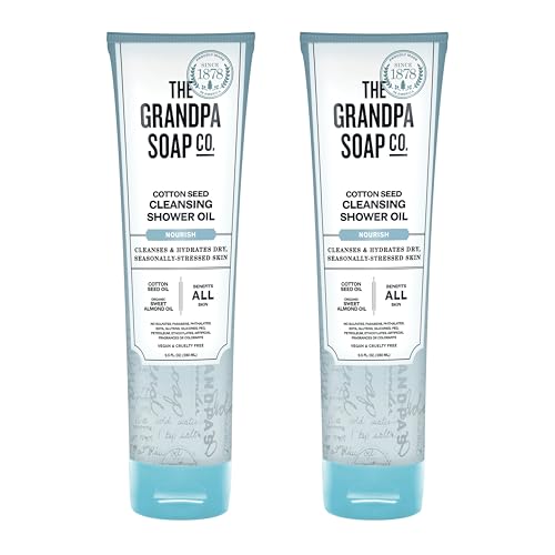 The Grandpa Soap Company Cotton Seed Cleansing Shower Oil - Hydrates Dry Seasonally-Stressed Skin, Nourishing and Moisturizing, With Cotton Seed Oil and Sweet Almond Oil, 9.5 Fl Oz., 2 Pack