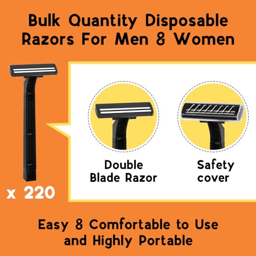 CXYARY 220 Pcs Twin Blade Disposable Razors With Clear Safety Cap, Shaving Razors Bulk for Men &Women, Stainless Steel Blade, Multipurpose Portable Shave Razor for Bathing Hotel Travel, Black