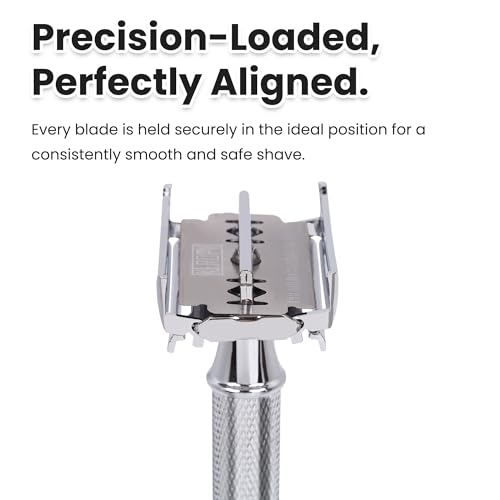 Safety Razor for Men, Premium Stainless Steel Butterfly Open Comb DE Razor, Weighted Heavy Handle with 10 Double Edge Blades, Mirror Polished Silver - Luxury Gift Set for Dad, Groom