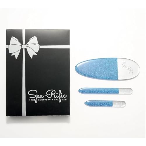 Spa-Rific 3pc Nano File Set: Professional Heavy Duty Glass Nail Files with Case Kit - Reusable Crystal Fingernail Manicure and Pedicure Tools for Men, Women, and Adults (Blue Shimmer)